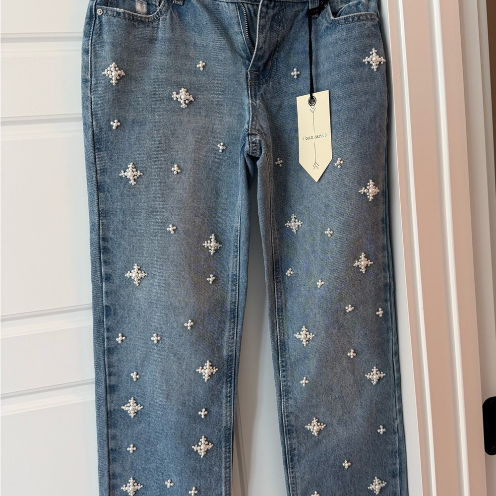 Blue Straight Leg Jeans with Pearl Distinctive Patterns